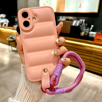 3D The Puffer Soft TPU Phone Case for iPhone 16 Pro Max 15 14 12 13 Pro Wrist Chain Strap Hanging Rope Down Jacket Cover Shell