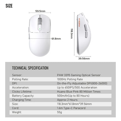 Kysona M600 PAW3395 White Wireless Gaming Esports Mouse 55g 26000DPI 6 Buttons Optical