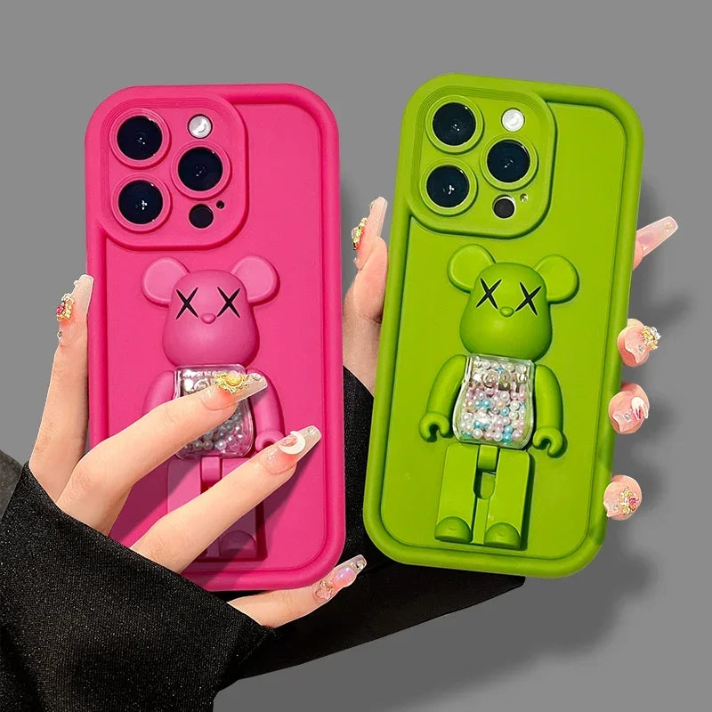 Cute 3D Bear Bracket TPU Phone Case for iPhone 15 14 13 12 11 Pro Max XR XS X 8 7 Plus Silicone Shockproof Matte Cover