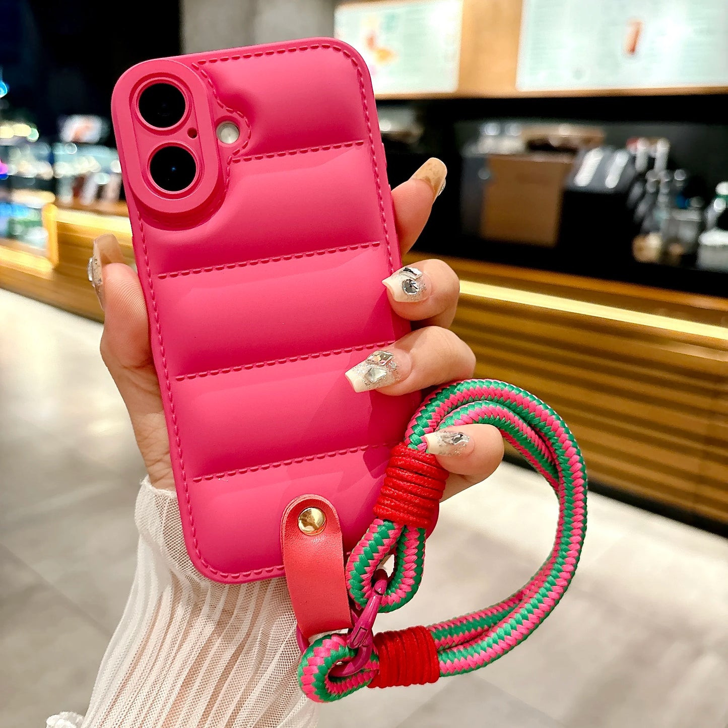 3D The Puffer Soft TPU Phone Case for iPhone 16 Pro Max 15 14 12 13 Pro Wrist Chain Strap Hanging Rope Down Jacket Cover Shell