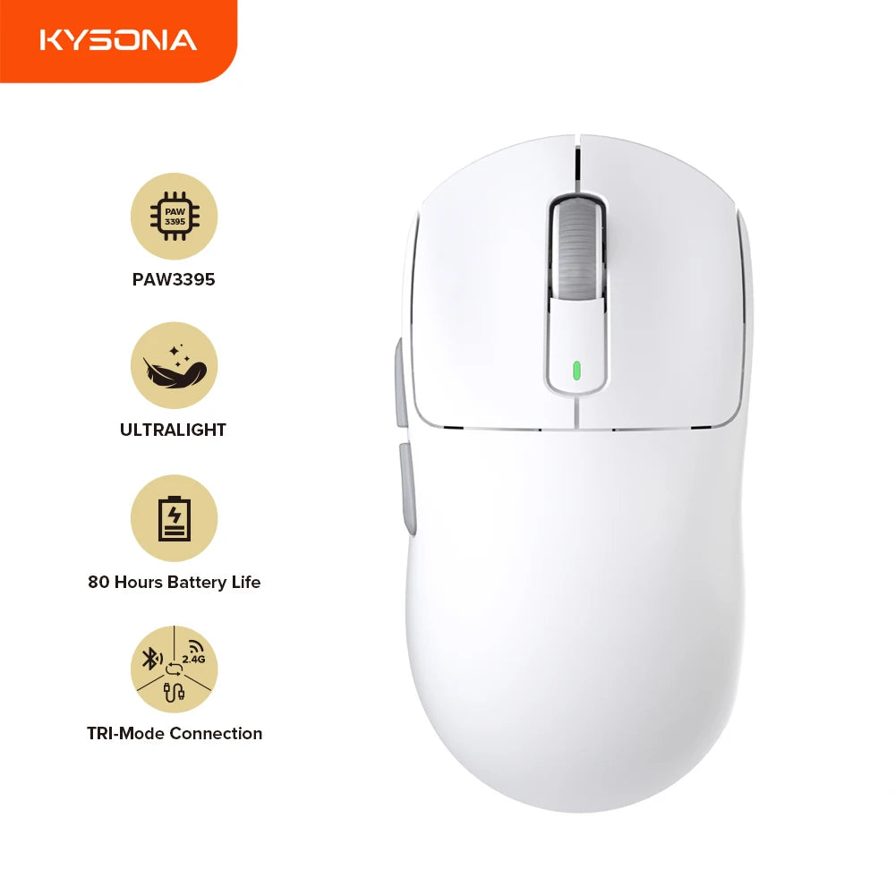 Kysona M600 PAW3395 White Wireless Gaming Esports Mouse 55g 26000DPI 6 Buttons Optical