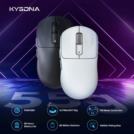 Kysona M600 PAW3395 White Wireless Gaming Esports Mouse 55g 26000DPI 6 Buttons Optical