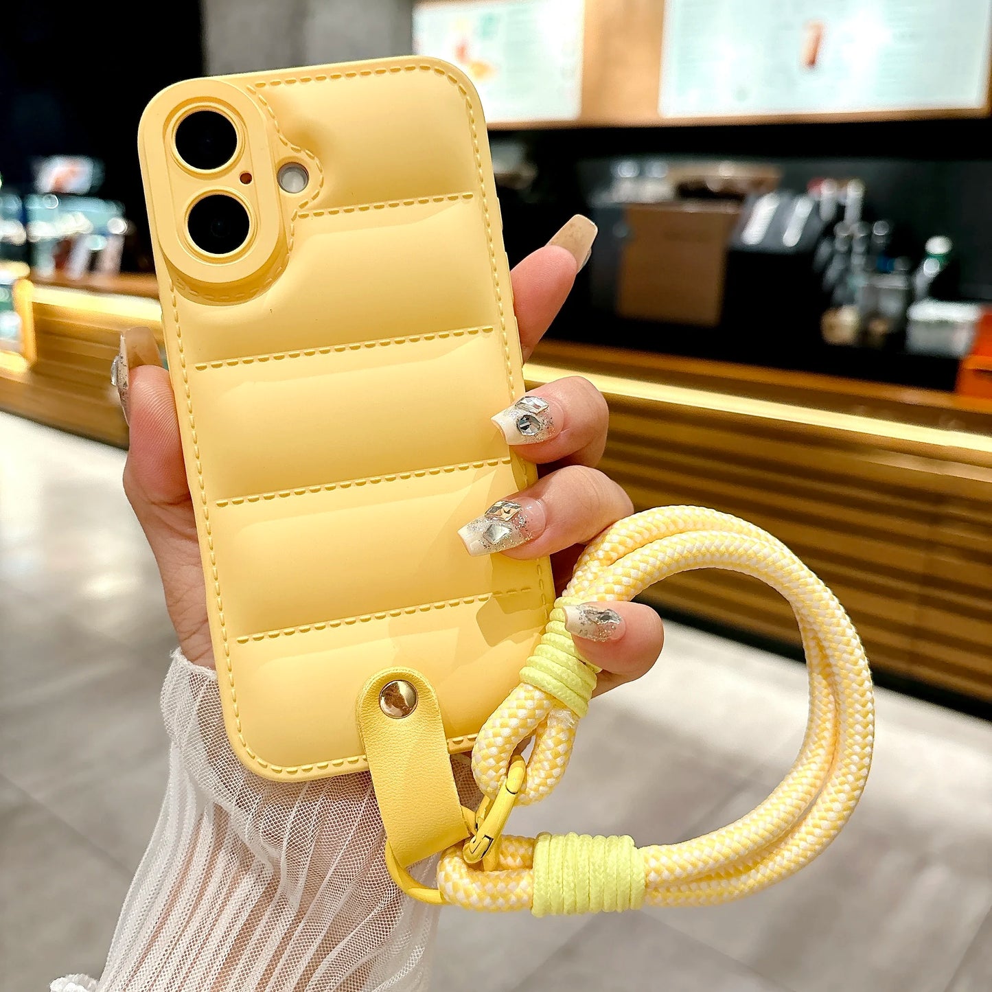 3D The Puffer Soft TPU Phone Case for iPhone 16 Pro Max 15 14 12 13 Pro Wrist Chain Strap Hanging Rope Down Jacket Cover Shell