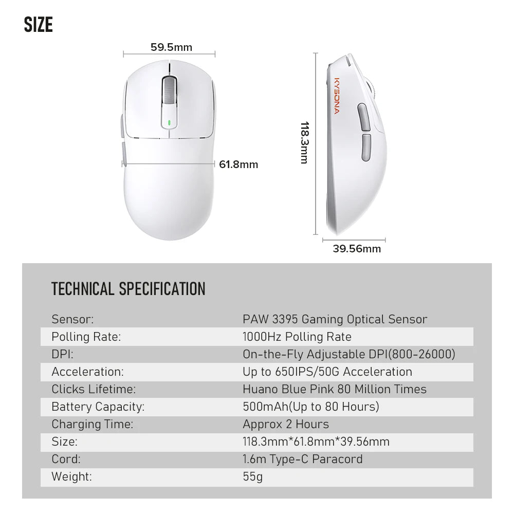 Kysona M600 PAW3395 White Wireless Gaming Esports Mouse 55g 26000DPI 6 Buttons Optical