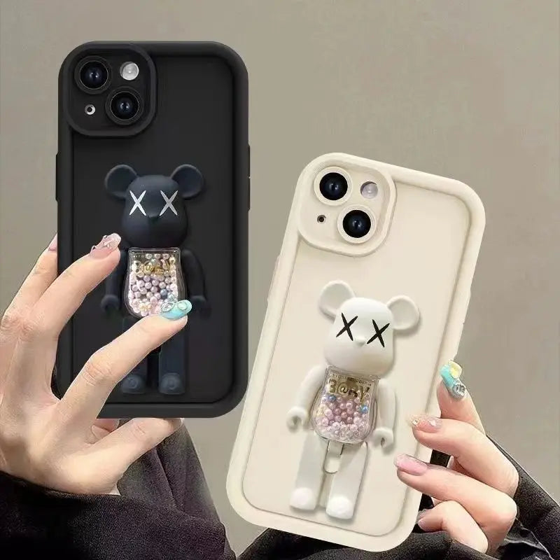 Cute 3D Bear Bracket TPU Phone Case for iPhone 15 14 13 12 11 Pro Max XR XS X 8 7 Plus Silicone Shockproof Matte Cover